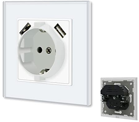 BSEED Enchufe de pared con 2 Puertos USB(2.1A),Blanco Simple Schuko Enchufe con clips,16A 250V Enchufe de pared con 2 x cargadores USB adecuado para Smartphone MP3 Tablet,para Cocina, Dormitorio