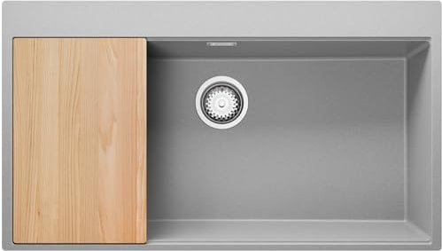PRIMAGRAN Fregadero Cocina Gris 88x50cm, Granito 1 Seno + Sifón + Tabla de cortar, Sobre encimera al mueble 90cm - Oslo