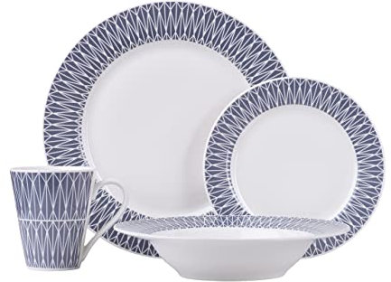 Maxwell & Williams II0104 Dinner-Set 16-tlg – Porzellan mit verziertem Rand – Zenith, Teller & Tassen, Blau, Geschenkbox