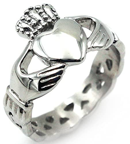 Whoiy Ring Männer Titan, Ringe Schmuck Herren Edelstahl Silberne Krone und Herz Claddagh Ring 16mm Größe 70 (22.3) für Urlaub Party Geburtstags
