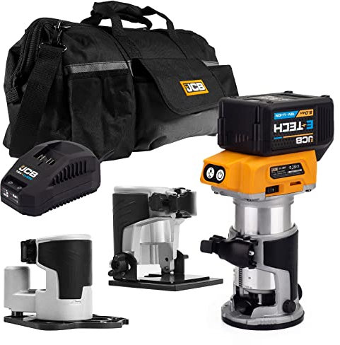 JCB 18V Brushless Trimmer Router, Offset Router Base & Inclined Router Base, 5.0Ah Battery, Fast Charger, Variable Speed & Led Light, Vacuum Adaptor Included, 3/8” and ¼” Collet, 3 Year Warranty