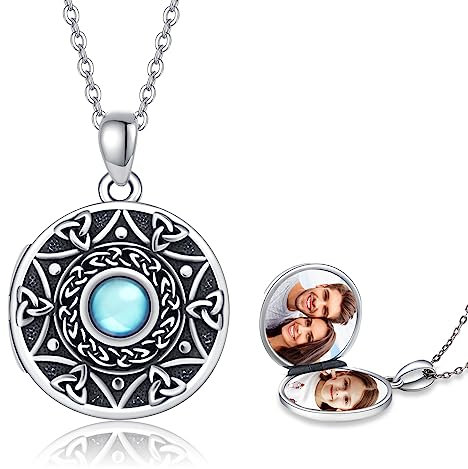 MEDWISE Keltisches Medaillon Kette 925 Sterling Silber Mondstein Kette Foto Anhänger Medaillon Halskette Amulett Medaillon zum öffnen für Bilder Mondstein Schmuck Geschenke für Frauen Mädchen Damen