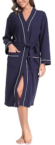 Sopesil Women Waffle Dressing Gowns, Cotton Kimono Robes Soft Luxury Bathrobe Loungewear Sleepwear Spa and Hotel for All Year A-Navy Blue,XXL