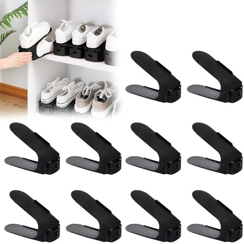 JNGLGO 30 Stück Einstellbar Schuhregale PP Schwarz Schuhstapler Schuhaufbewahrung Platzsparend Doppelschicht Schuhorganizer Rutschfest Schuhschrank【30 Stück - Schwarz】
