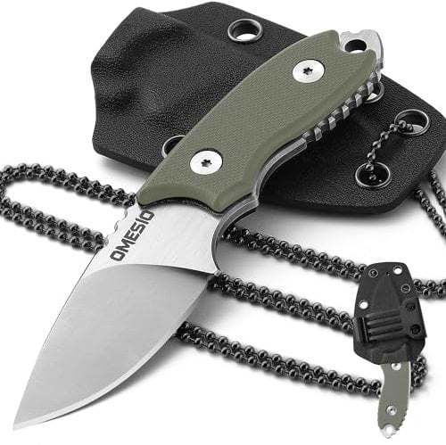 Omesio Couteau de Cou EDC, D2 Couteau Lame Fixe et Manche en G10, avec Fourreau en Kydex-Clip. Idéal pour Le Camping et Les Aventures en Plein air. (Lame Blanche + Manche Vert)