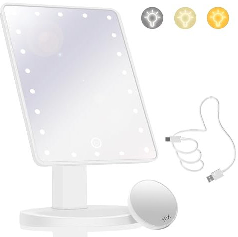 Makeup Vanity Mirror with Lights and 22 LED Lighted Makeup Mirror, Detachable 10X Magnification, Adjustable Dimming Touch Sensor, Dual Power Supply, 270° Rotation, Portable Cosmetic Mirror -White