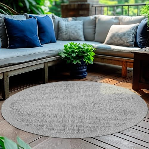 HomebyHome Outdoor-Teppich Flachgewebe Wetterfest Einfarbig Grau Küchenteppich, Balkon Terrassen Garten Wohnzimmer Teppich 120 cm Rund
