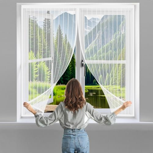 Fliegengitter für Fenster 112 x 122 cm Insektenschutz Tür Vorhang Einfache Montage Ohne Bohren für Alle Tür- Und Fenstergrößen, Weiß