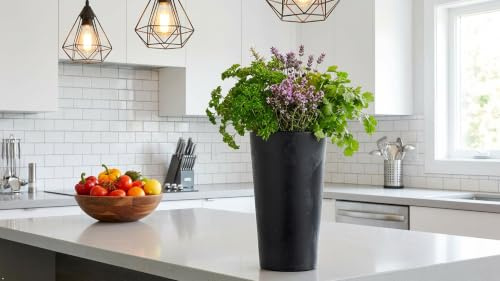 Round Concrete Effect Large Plant Pot - Indoor Outdoor Tall Planter for Garden (Concrete Black, 19cm x 36cm)