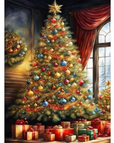 askkqtx Christmas Diamond Art Kits for Adults,Christmas Tree DIY 5D Round Full Drill Gem Art Kits for Beginner,Diamond Dots Painting Kit for Home Wall Decor 12x16 Inch