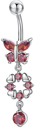 AMDXD Piercing Schmuck, Nabelpiercing Chirurgenstahl,Rot Zirkonia Piercing Bananabell Banane mit Schmetterling Herz Anhänger, Gebogene Nabel Barbell 43MM, Rot