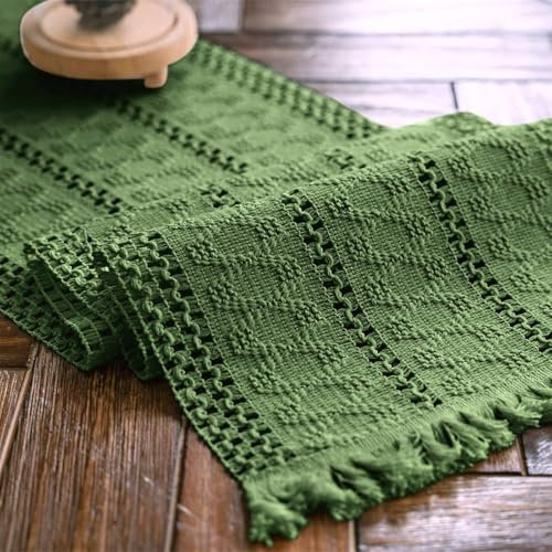 Weldomcor Grün Makramee Tischläufer Boho Baumwollflachs Tischläufer mit Quasten, Rechteckige Häkelspitze Mesh Tischdecke für Küche Vintage Bauernhaus böhmische Hochzeit Tabletop Dekor, 30x120cm