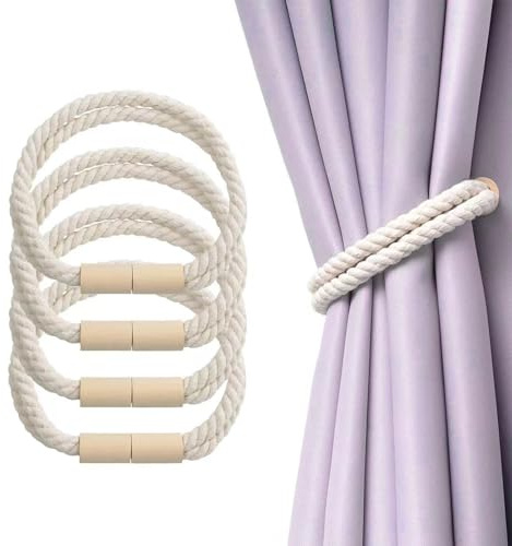 HERKINDNESS Magnetische Raffhalter für Gardinen 4 Stück Cremeweiß 50cm | Mit Magnetverschluss ohne Bohren, Baumwolle-Leinen Design und 50cm Länge für Gardinen im Wohnzimmer, Schlafzimmer und Büro