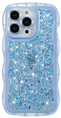 ZTOFERA Sparkly Sequins Wavy Case for iPhone 13 Pro (6.1), Blue | Cute Girly Women Case, Curly Wave Frame Shape, Bling Shiny Glitters, Clear Soft TPU Back Case, Shockproof Protective Cover