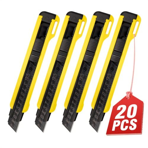 20 Stück Cuttermesser Set 18mm Kartonmesser Mehrzweck Messer Allzweckmesser sichermesser Teppichmesser mit Sicherheitslock Profi Cutter Messer Kuttermesser