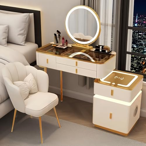 Goldonion Schminktisch Mit Spiegel,Schminktisch Mit Led Beleuchtung Und Hocker, Glasplatte,Kosmetiktisch Mit 5 Schubladen,Frisiertisch FüR Schlafzimmer (Make Up Tisch) (Weiß + Braunes Oberteil, 100)