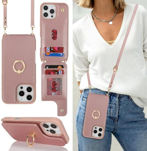 Cavor Phone Case Compatible with iPhone 16 Pro Case With Card Holder With Strap,Flip Leather Wallet Case with Lanyard,Ring Kickstand Shockproof Cover Case for iPhone 16 Pro - Rose gold