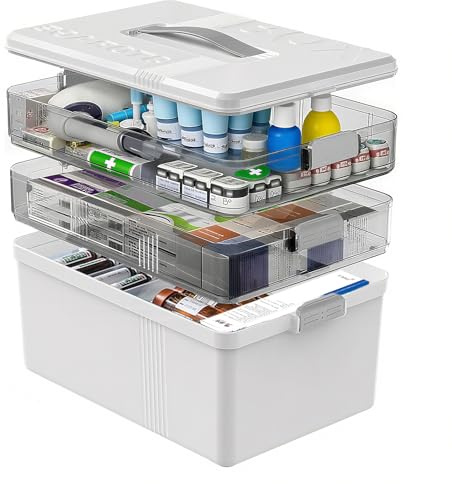 3 Stöckige Wasserdichte Medikamentenbox mit Tragegriff für Haushalt Reise - Große Kunststoff Medikamenten Aufbewahrung - Hausapotheke Box - Aufbewahrungskoffer für Hobby Nähzubehör & Bastelbedarf