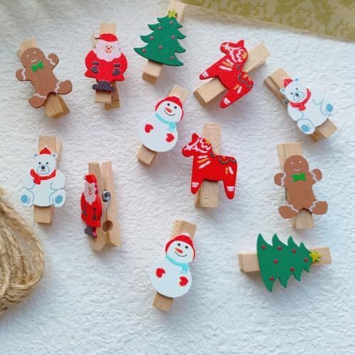 HERZWILD 60pcs weihnachten Wäscheklammer Holz F. Adventskalender Weihnachten Holzklammern zum Foto Kleine Handwerk klammern für Party Weihnachten Dekoration Hochzeit (color)