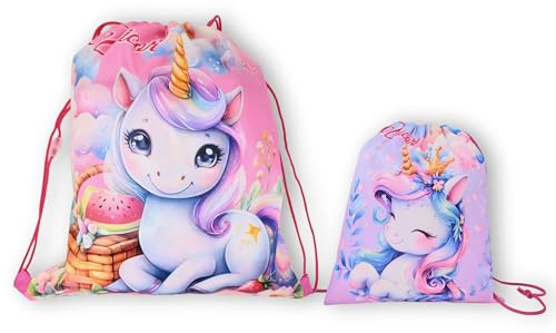 damaloo 2er Set Einhorn Kindergarten Beutel & Brotzeitbeutel für Mädchen - Unicorn Kinder Turnbeutel - Kleine Einhorntasche - Sportbeutel - Kindergarten Rucksack Mädchen - Kita Wechselkleidung Sack