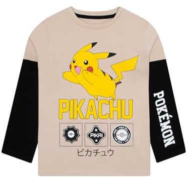 Pokémon T Shirt Garcon, T-Shirt Enfant à Manches Longues, Haut Pikachu Garçon, Vêtements Garçon en Coton, Beige 11-12 Ans