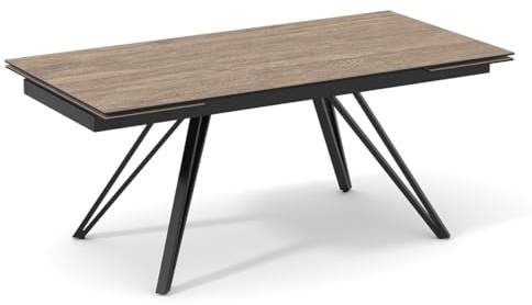 Meubletmoi Esstisch, ausziehbar 180 bis 260 cm, italienische Keramik, Antikholzoptik, V-förmige Beine, geneigte Metallbeine, Schwarz, Texas 10
