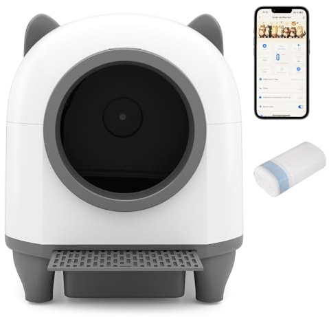 FANTASK Inodoro para Gatos autolimpiable, 80 L, con Control de aplicación, Control de olores y Seguridad de Sensor de 10 aumentos, Incluye Bolsa de Basura y Caja de aromaterapia, para Varios Gatos
