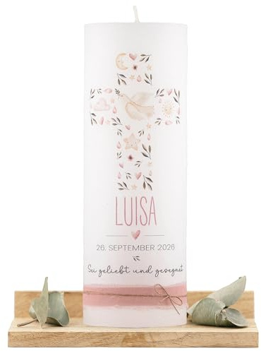 Personalisierte Taufkerze für Mädchen | Moderne handgemachte Kerze mit Name & Datum | Taufgeschenk | Hochwertige Rustikkerze mit Spruch | Partenkerze Rosa Boho (Rosa)