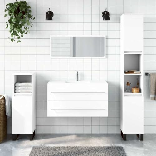 Tonture Armadietto da bagno con specchio, in legno bianco, 90 x 38,5 x 48 cm, set di mobili da bagno con vano portaoggetti, montaggio a parete, per bagno e lavandino