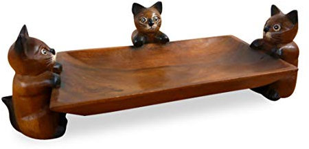 livasia Holzschale mit DREI Katzen (Handarbeit) Servierschale Obst und Gebäckschale Brot und Brötchenkorb