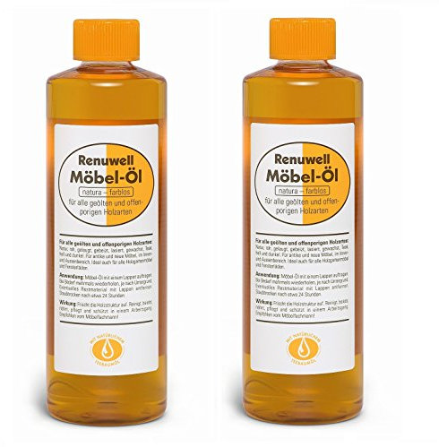 Renuwell Möbel-Öl, 2x 500 ml – Natürliches Pflegeöl für Holz mit Leinöl und Teebaumöl, farblos, Schutz für geölte und unbehandelte Holzoberflächen, Schweizer Qualität