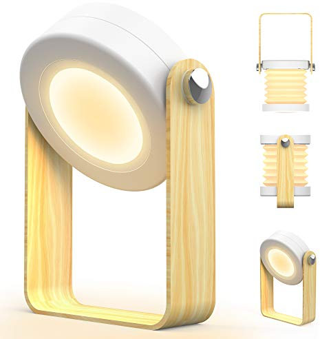 Lampe de chevet san fil Touch LED à intensité variable Lampe de Bureau vintage avec poignée en bois 3 niveaux de luminosité lampe table portable pliable tactile pour chambre à coucher