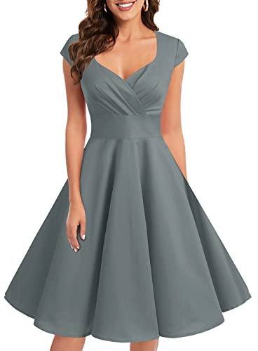 Bbonlinedress Robe Femme de Soirée Cocktail Vintage Femme Chic Courte pour Mariage Invité Gala Fête Témoin Anniversaire Col Carré Grey 2XL