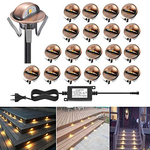 CHNXU Treppenbeleuchtung 20er Set LED Bodeneinbaustrahler Kupfer Warmes Weiß IP65 Wasserdicht Außen Terrassen Einbaustrahler Ø35mm Bodenlampe für Garten Holzbrücke Pool Holzdeck