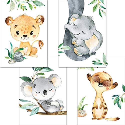 LALELU-Prints Bilder Kinderzimmer Poster Babyzimmer Deko Mädchen Jungen Kinderbilder Set Kinderzimmerbilder (Dschungeltiere A3 4er Set)