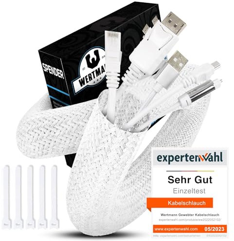 Wertmann gewebter Kabelschlauch weiß [3m] inkl Klettkabelbinder - Durchmesser [12-20mm] passt Sich an - als TV Kabelkanal weiß oder für den PC als Kabelmanagement Schreibtisch