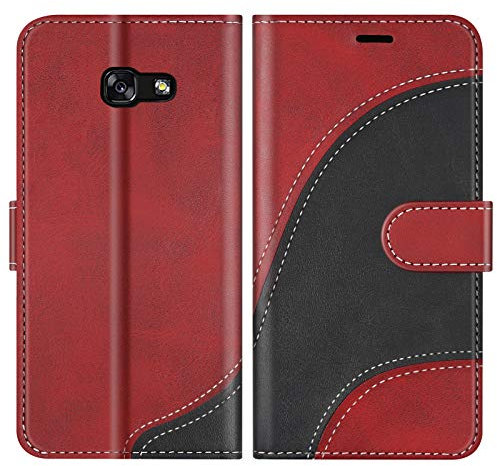 BoxTii Hülle für Galaxy A3 2017, Leder Handyhülle für Samsung Galaxy A3 2017, Ledertasche Klapphülle Schutzhülle mit Kartenfächer und Magnetverschluss, Rot
