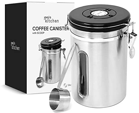 joeji's Kitchen Kaffeedose Luftdicht 1,8L - Kaffeebohnen Behälter aus Edelstahl - Vakuum Aromadicht mit Messlöffel - Vorratsdose fur Tee Kakao - Halten Sie Aromen Lange und Frisch (Silber)