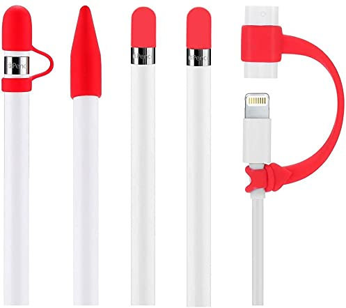 Teyomi 5-Piece Silicone Protection Accessory Set for Apple Pencil 1, Includes Cap Holder, Tip Cover, Cable Adapter Holder (Red, Compatible with iPad)