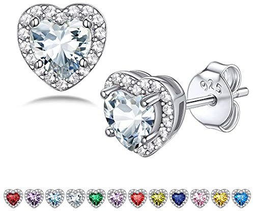 Bestyle Clous d'oreilles pour Femmes S925 Argent 5mm Coeur Zircon Petites Boucles d'oreilles en Pierre de Naissance Zircon Blanc-Avril Zirconium Blanc