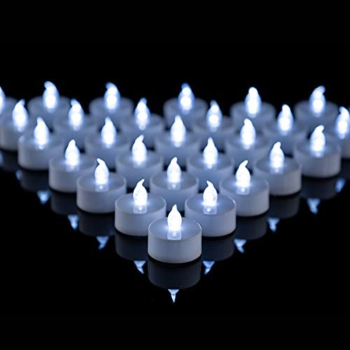 Kemanga LED Teelichter, 50 Stück LED Teelichter Kerzen Kaltes Weiß realistische und helle flackernde Teelichter, Batterie betrieben, langlebige Teelichter für Hochzeit, Urlaub, Party, Heimdekoration