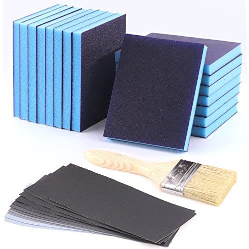 29Pcs Sanding Sponge Kit, Including 16Pcs 60-280 Grits Washable Reusable Sanding Sponge Sanding Pads Sanding Blocks and 12Pcs 240-5000 Grits Sandpaper and 1Pc Brush for Wood Metal Furniture