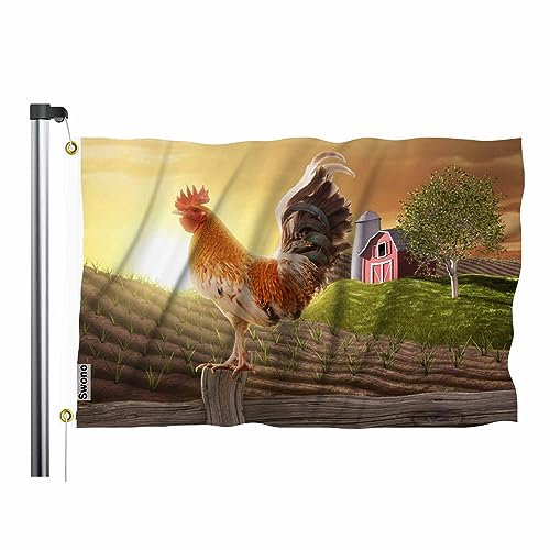 Swono Kräuselende Hahnflagge, 90 x 152 cm, Bauernhofzaun, Sonnenaufgänge, Hahn, Tierflagge, doppelseitig, doppelseitig genäht mit Messingösen