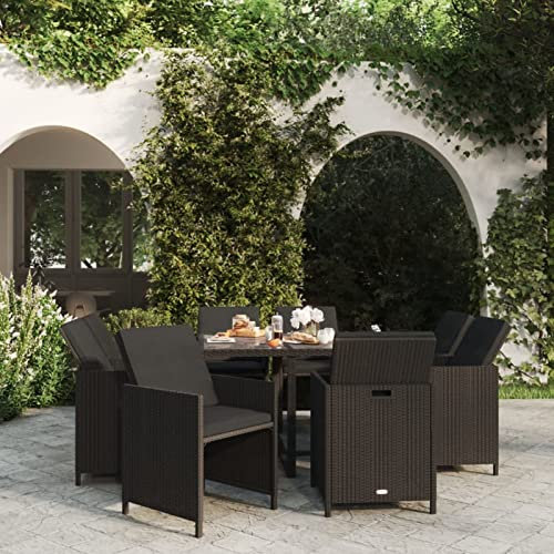 Tidyard 9-TLG. Garten Essgruppe, Terrassenmöbel Set 8 Personen, Sitzgruppe Esstisch mit Glas-Tischplatte & Stühle mit Auflagen, Gartenmöbel Set Poly Rattan Schwarz