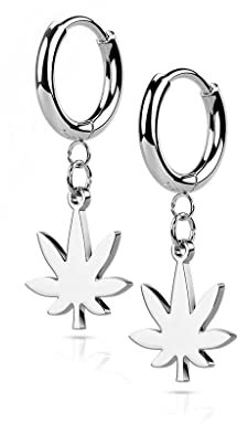 BlackAmazement 2er Set 316L Edelstahl Creolen Hinged Huggie 2,5mm Breite Dangle Kette Hanfblatt Weed Pot Leaf Ohrring Piercing schwarz silber rose gold Punk Herren Damen (Silber)