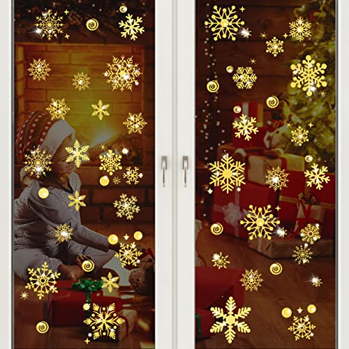 Schneeflocken Fensterbild, 147 Sticker Fensterbilder Weihnachten, Abnehmbare Fensterdeko, Weihnachten Selbstklebend Fensterdeko, Wiederverwendbar PVC Aufkleber für Winter Dekoration (Gold)