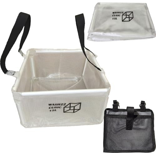 WASH22 Cubic 15L Folding Collapsible Camping Washing Up Basin Bucket Bag Tidy for Tents Motorhomes Campervans Caravans (Transparent | Mesh bag)