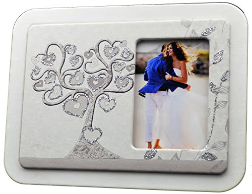 Portafoto cornice da tavolo in Ecopelle Stampa “Albero della Vita a Cuori” in scatola da regalo. Bomboniere, Battesimo, Matrimonio, Anniversari. Regali utili, Originali Prezzi bassi (Argento)