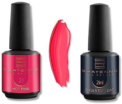 Shayenne UV Gel Nagellack 21 Hot Pink Rosa 15ml 2er Set UV LED Lampe + 2in1 Base Coat und Top Coat 15 ml (30 ml) Unterlack mit Überlack Nagel Lack Gellack Nagelgel Shellac