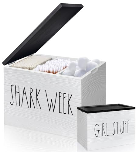 MISTOD Tamponhalter für Badezimmer, Pad und Tampon-Organizer mit Tablett-Deckel, Holz, femininer Produktorganisator, Hai-Woche, Tampon-Aufbewahrung, Badezimmer-Zubehör, kleine Aufbewahrungsbox – Weiß